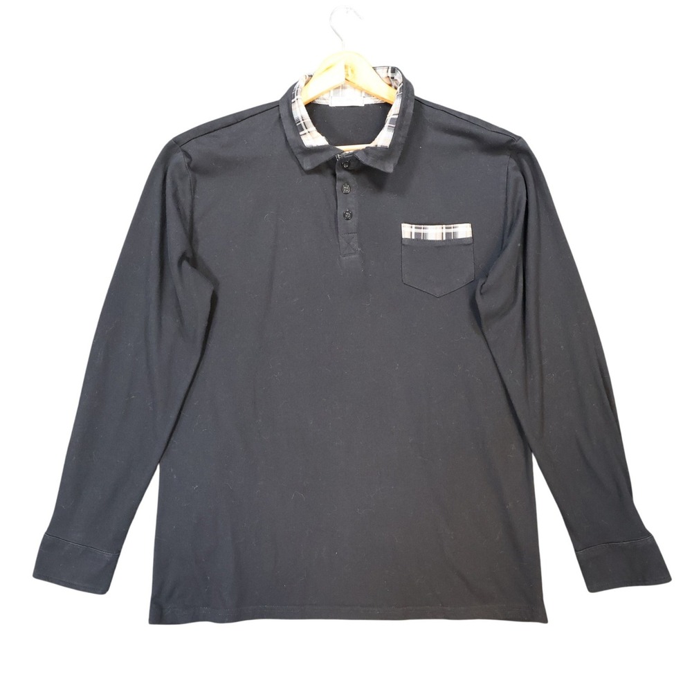 Coofandy Polo Mens Medium‎ Black Excellent Plaid Trim Long Sleeve Pocket